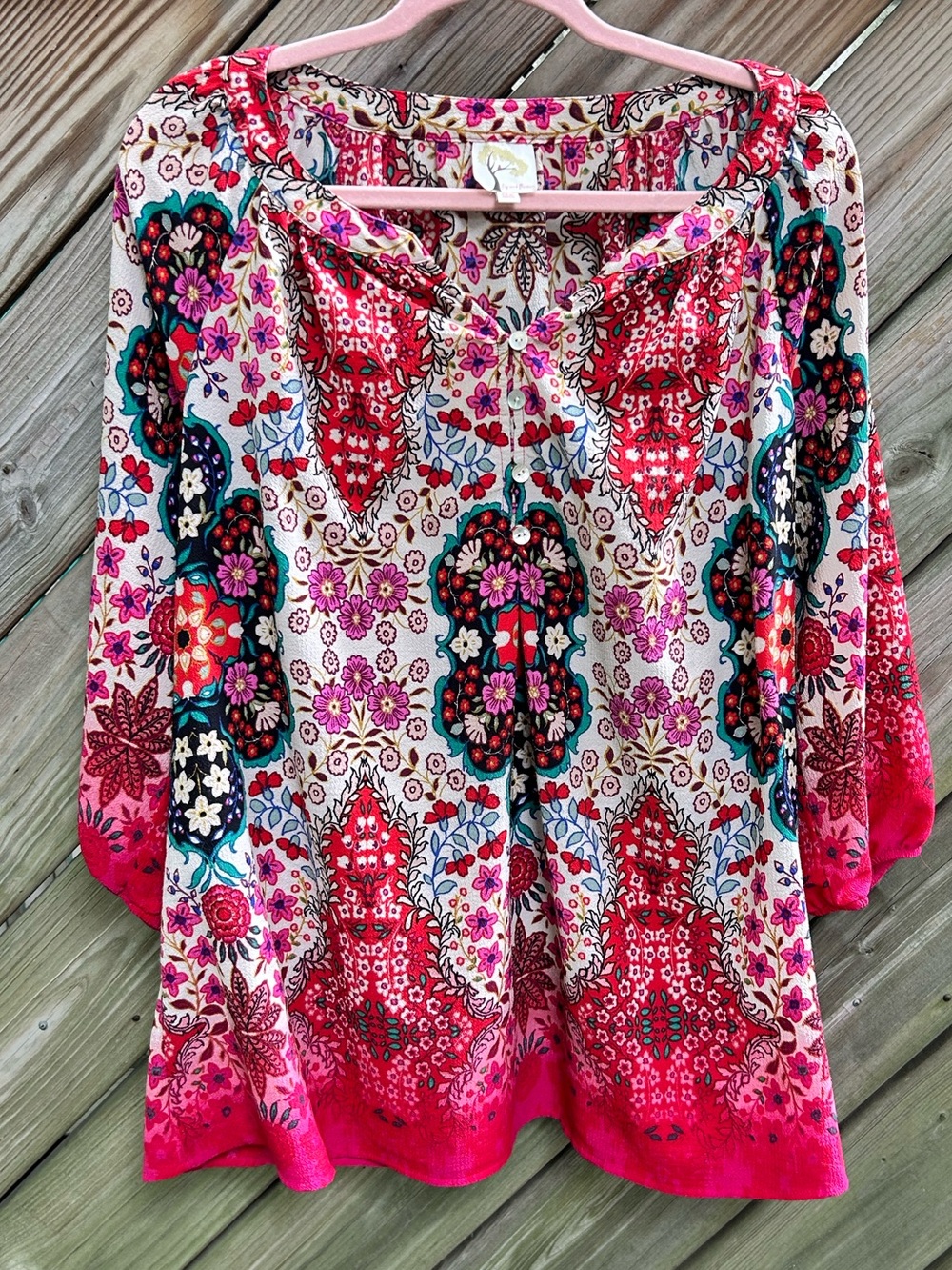 fig and flower Cream Multi Floral Pinks, Red, Purples Boho Tunic 2X 3/4 sleeve